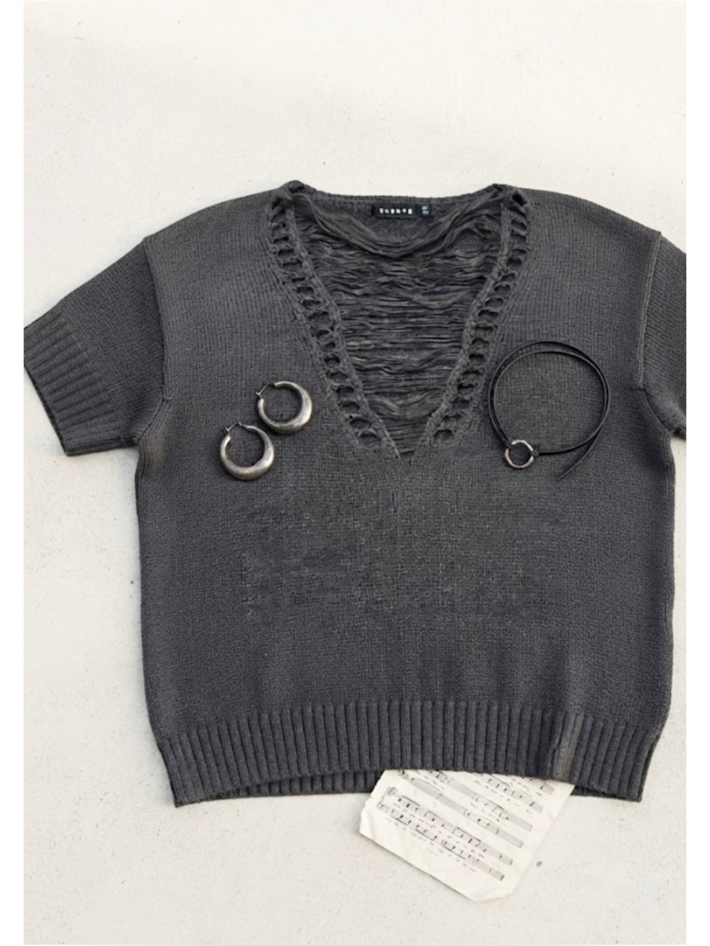 Trouvé Oversized Knit Short Sleeve Sweater Ladder Shredded Distressed